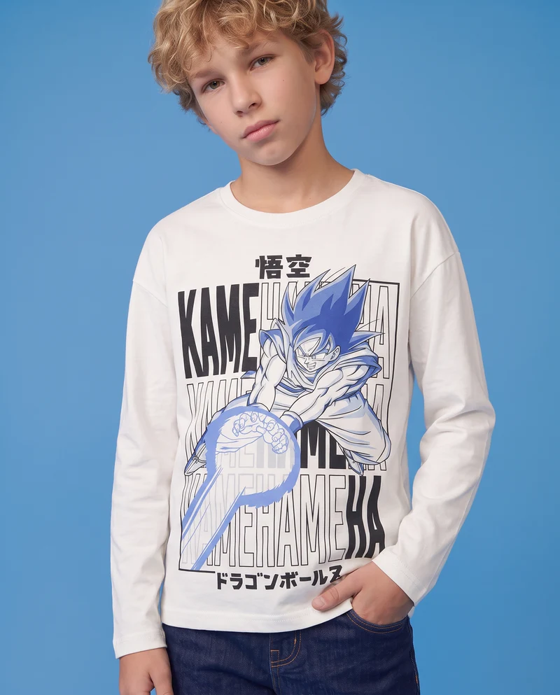 T-shirt Goku maniche lunghe in cotone - Bianco latte