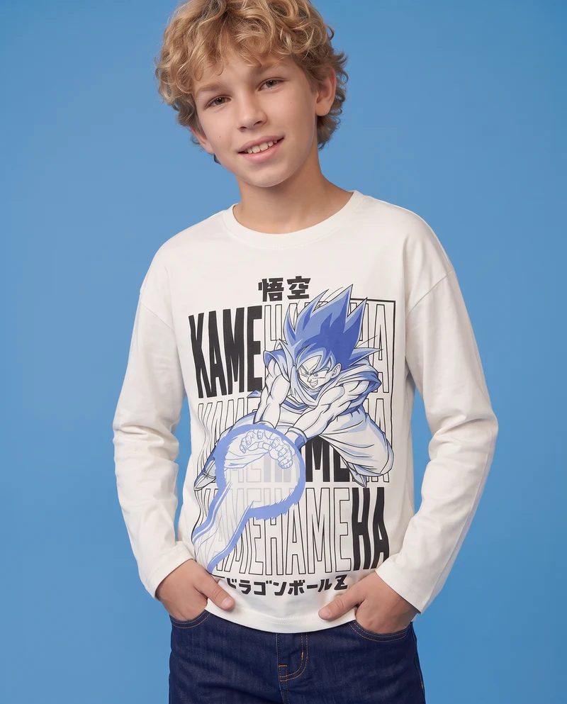 T-shirt Goku maniche lunghe in cotone - Bianco latte