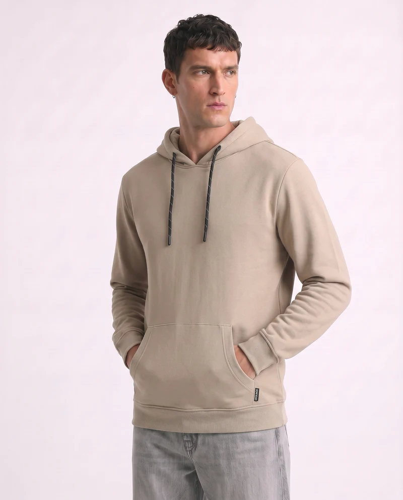 Felpa Basic con Cappuccio e Tasca Marsupio - Beige