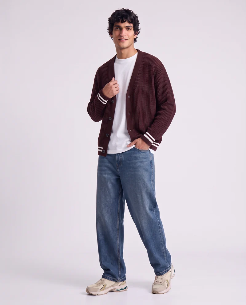 Maglia Cardigan con Bottoni e Contrasto - Bordeaux