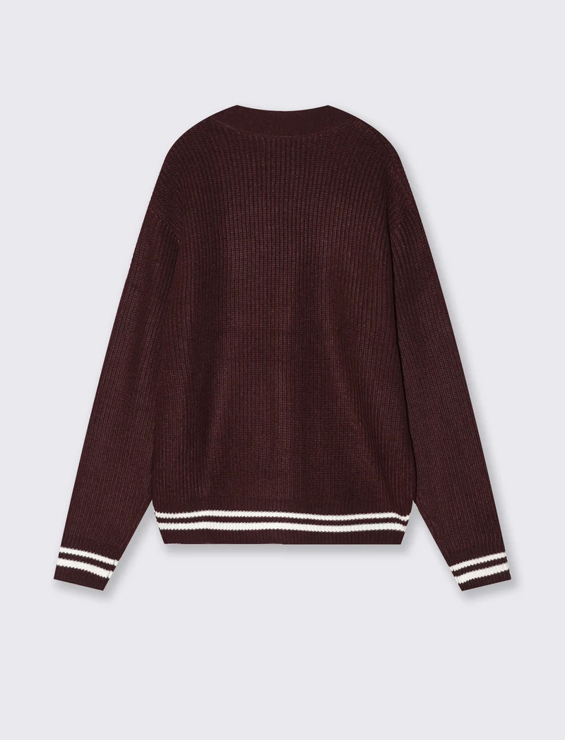 Maglia Cardigan con Bottoni e Contrasto - Bordeaux