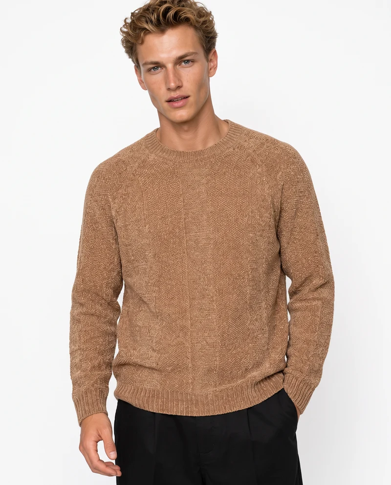 Maglia Jacquard Girocollo in Ciniglia - Cammello