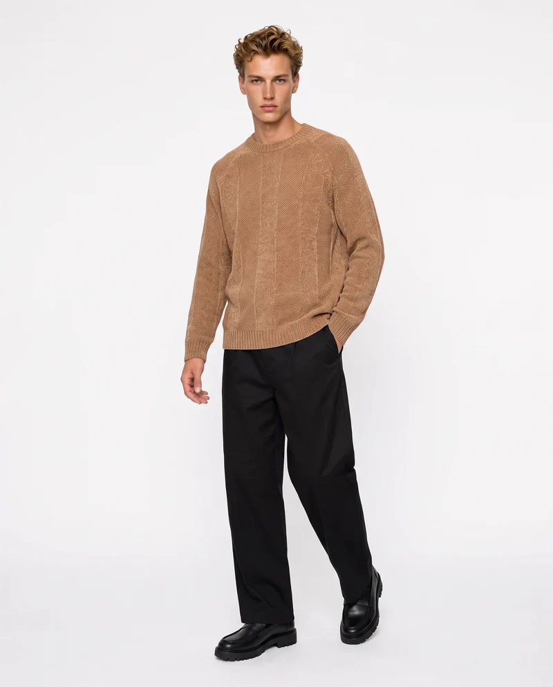 Maglia Jacquard Girocollo in Ciniglia - Cammello