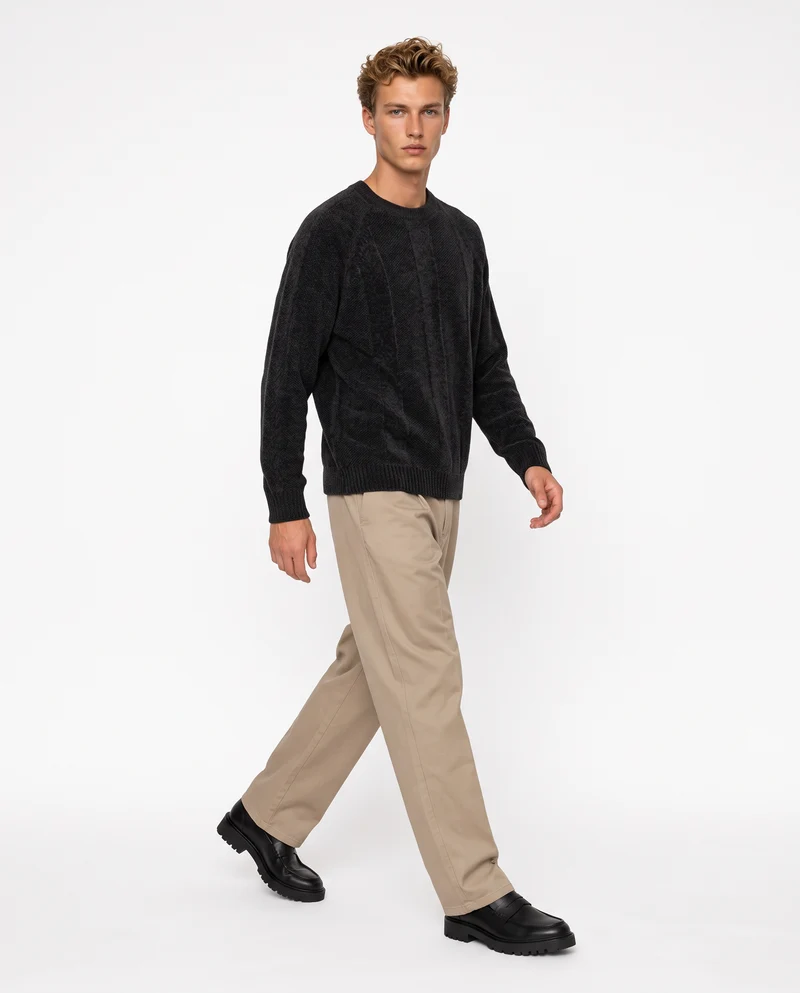Maglia Jacquard Girocollo in Ciniglia - Nero