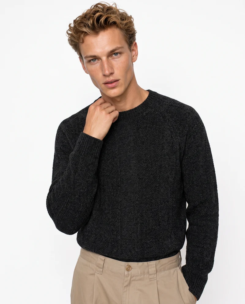 Maglia Jacquard Girocollo in Ciniglia - Nero