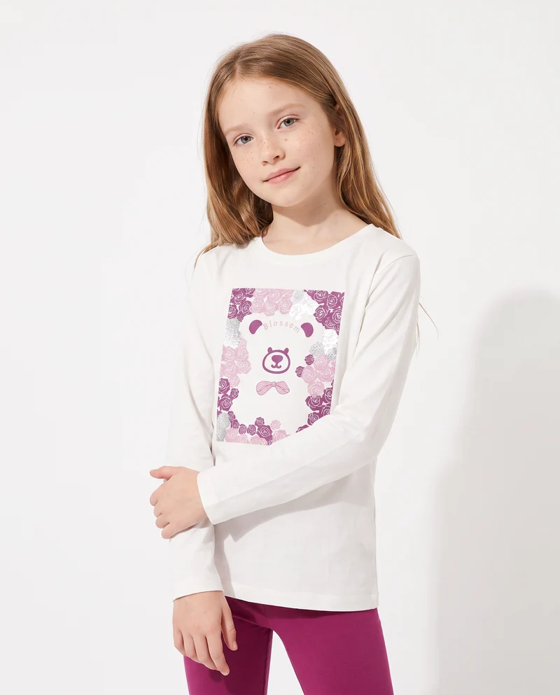 T-shirt in cotone manica lunga regolare - Bianco latte