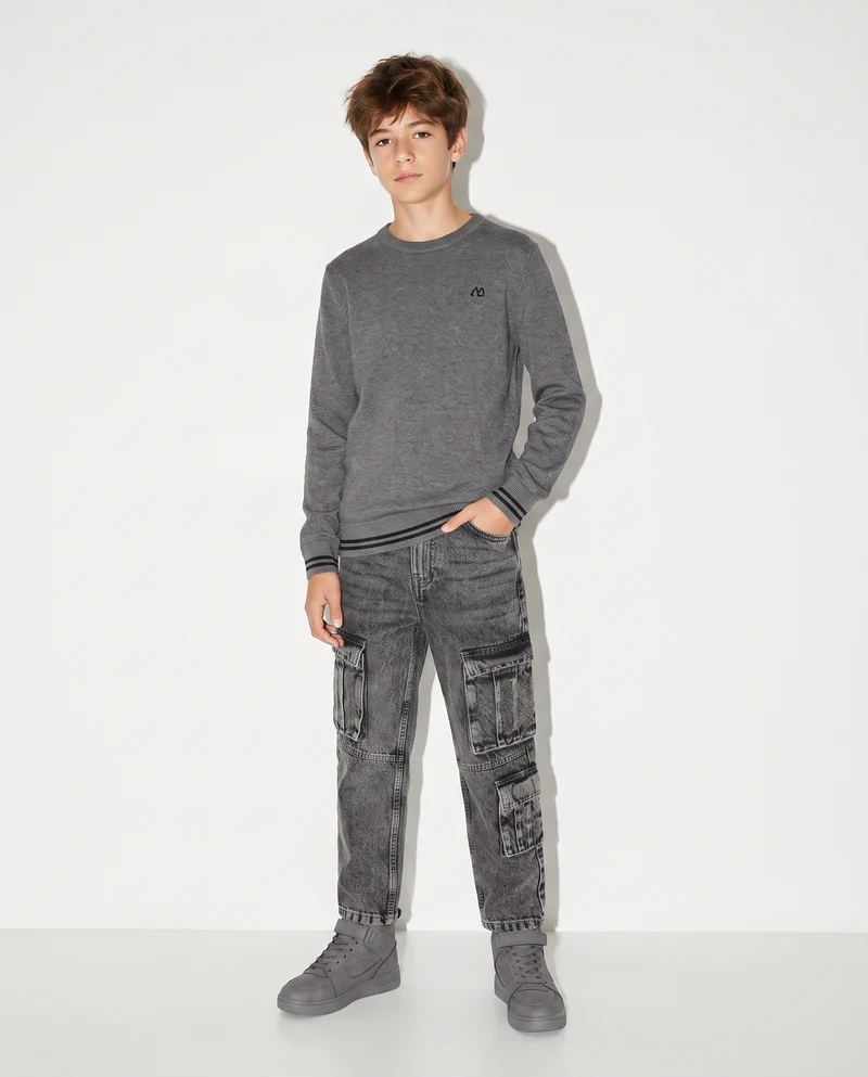 Maglioncino girocollo con toppe maniche - Grigio