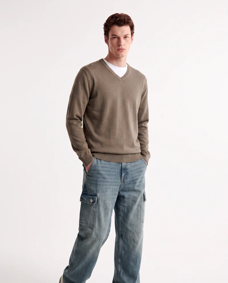Maglia V Basic in Filato Comfort - Verde kaki