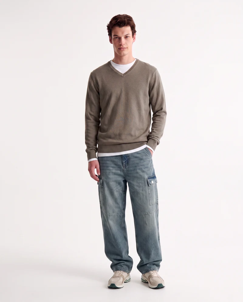 Maglia V Basic in Filato Comfort - Verde kaki