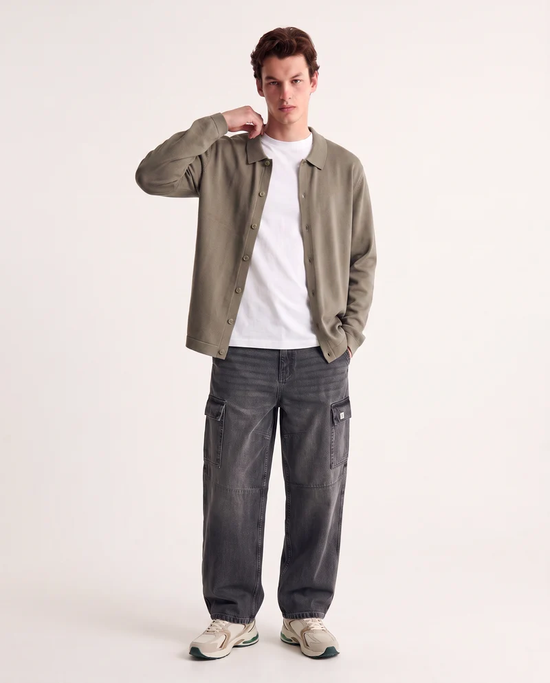Maglia polo cardigan in misto viscosa - Verde kaki
