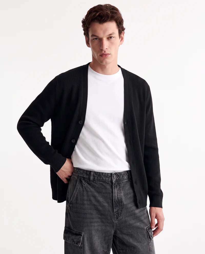Maglia cardigan in misto viscosa a coste - Nero