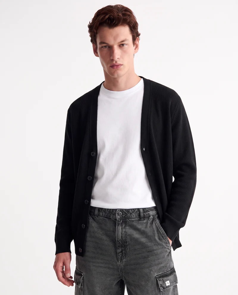 Maglia cardigan in misto viscosa a coste - Nero