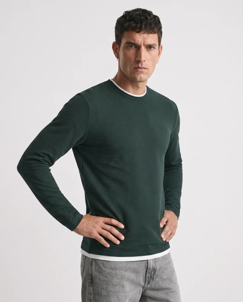 T-shirt maniche lunghe con orli a contrasto - Verde scuro