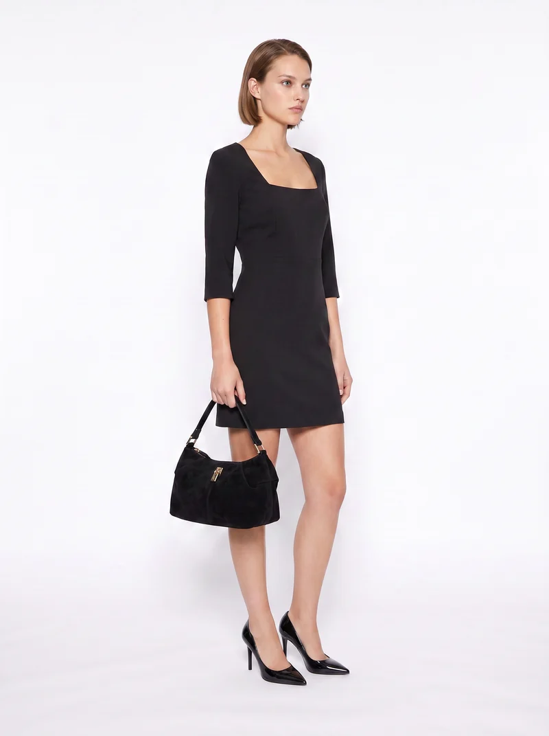 Vestito corto con scollo quadrato e manica tre quarti - Nero
