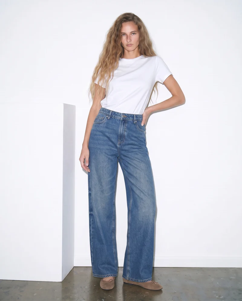 Jeans wide leg a vita alta - Denim