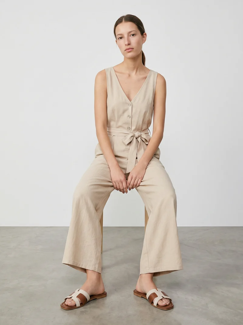 Tuta intera con cintura in vita donna - Beige