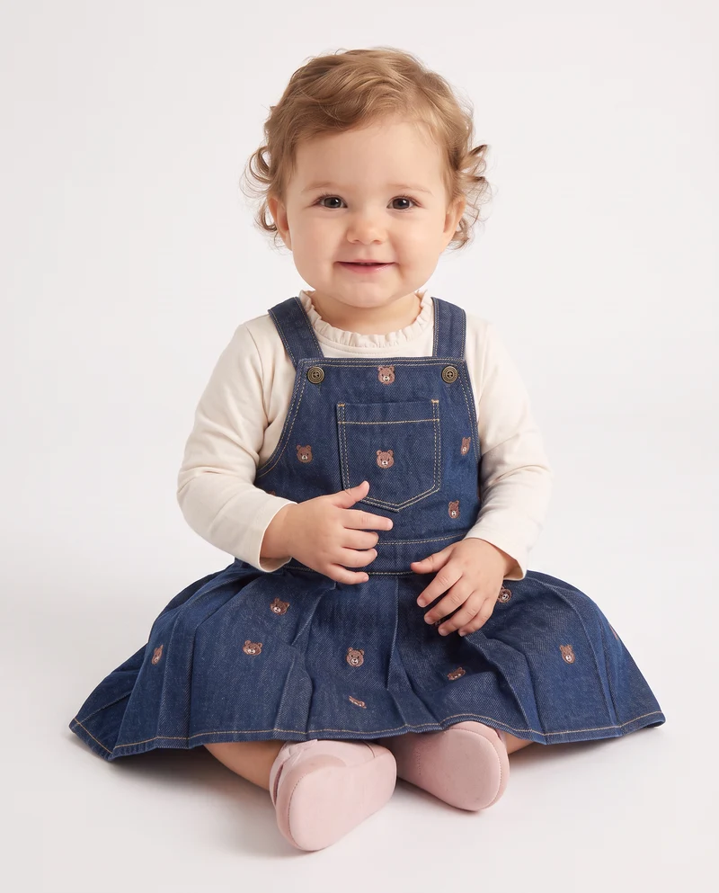 Salopette in denim con orsetti ricamati - Denim