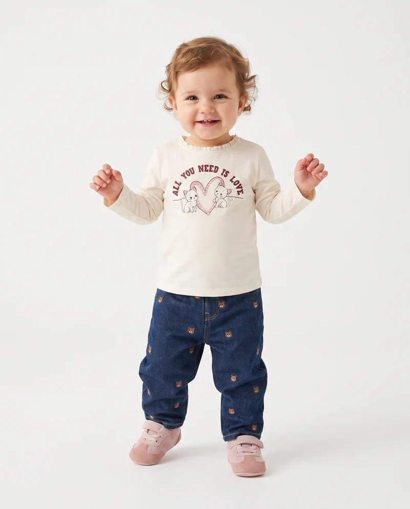 Jeans in denim con orsetti ricamati - Denim
