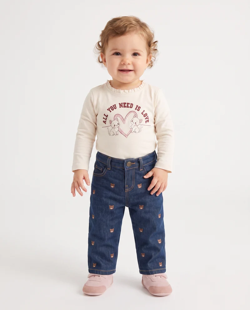 Jeans in denim con orsetti ricamati - Denim