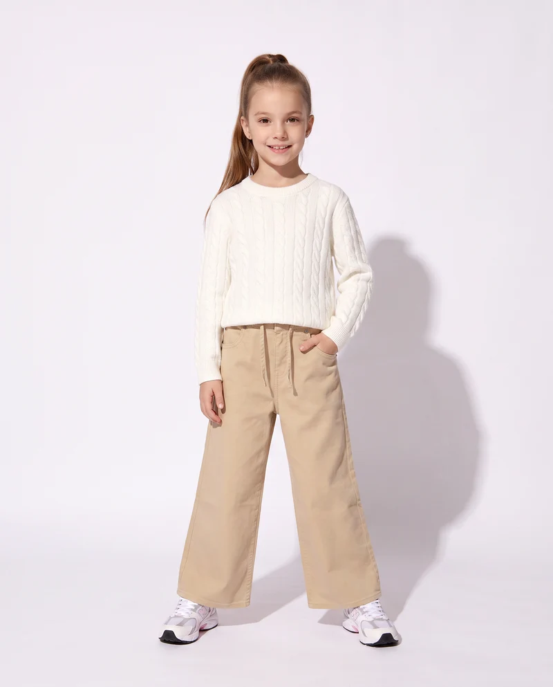 Pullover bambina girocollo a trecce - Bianco latte