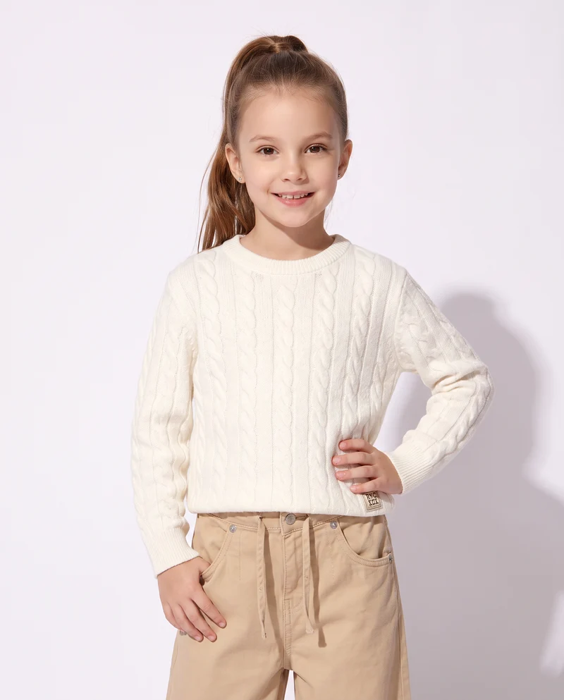 Pullover bambina girocollo a trecce - Bianco latte