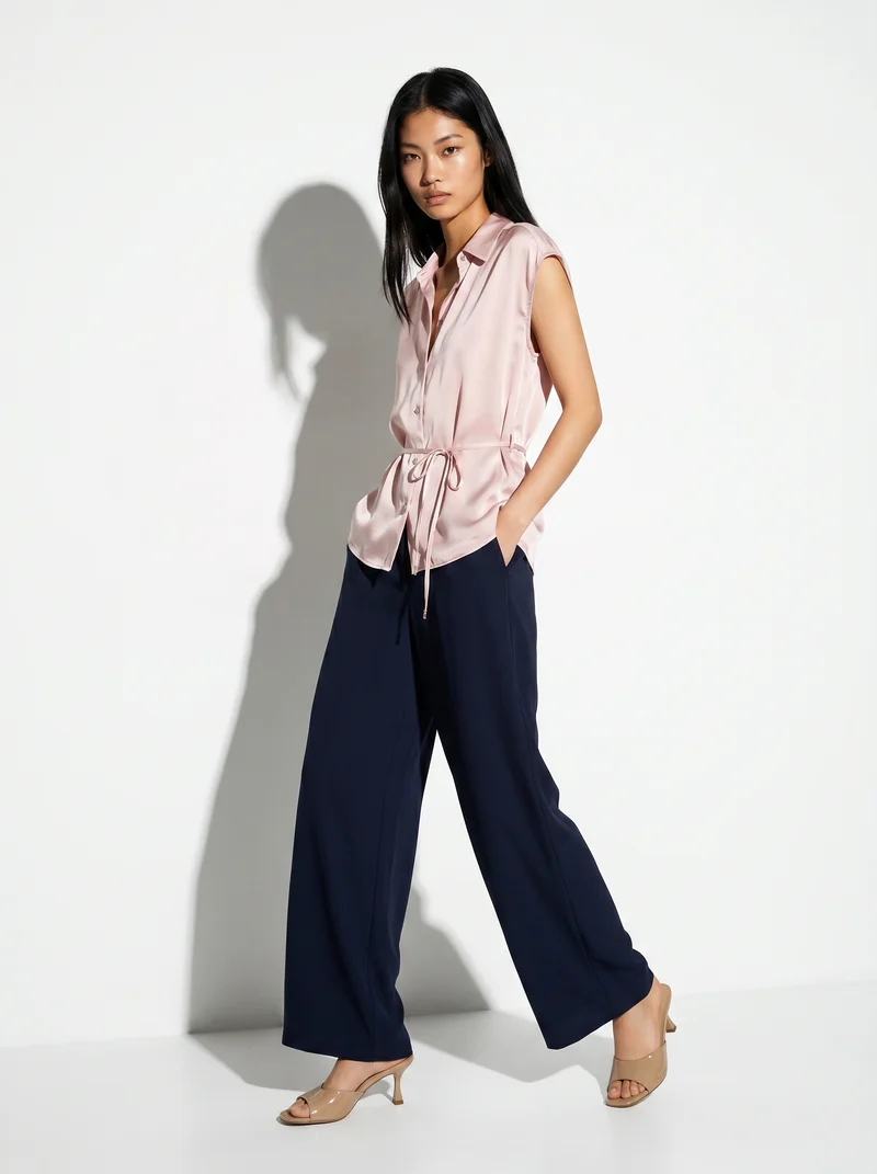 Camicia smanicata in satin lucido - Rosa polvere