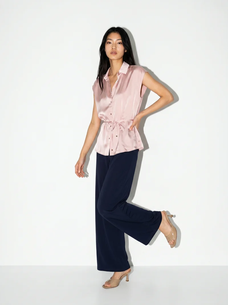 Camicia smanicata in satin lucido - Rosa polvere