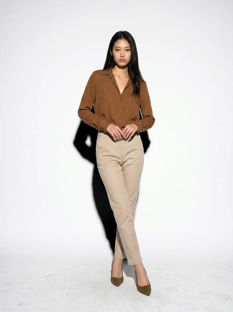 Camicia manica lunga con pieghe posteriori - Marrone tabacco