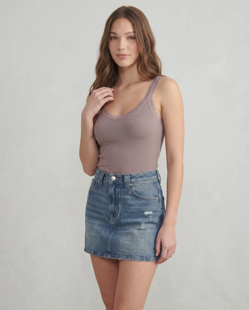 Top giromanica a costine con pizzo - Viola glicine
