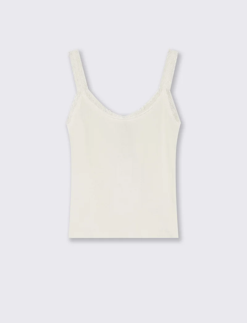 Top giromanica a costine con pizzo - Nero