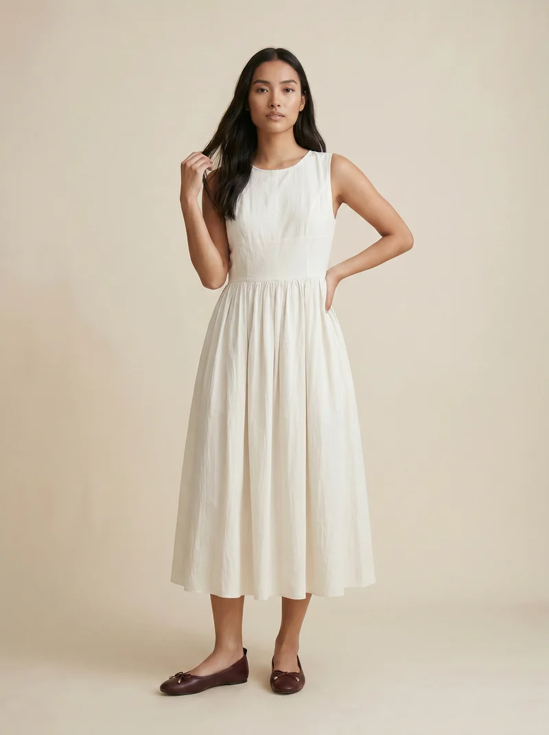 Vestito lungo smanicato con gonna ampia - Avorio