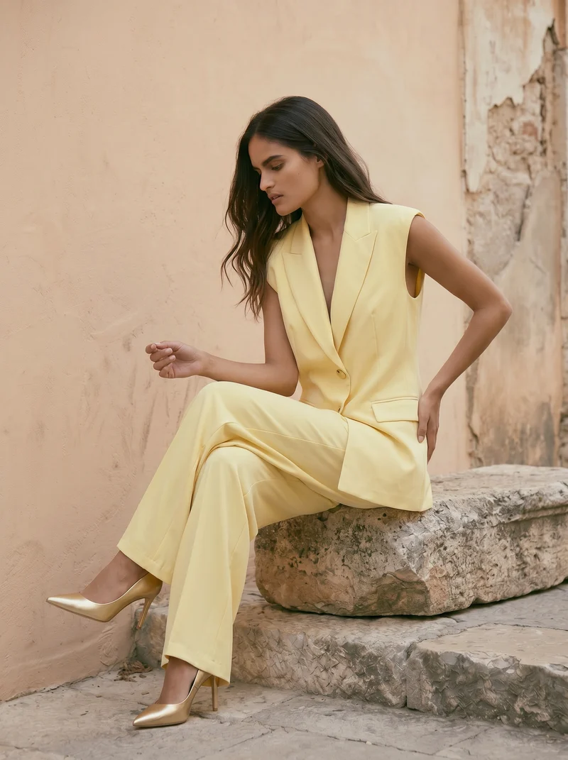Pantalone classico vita alta gamba ampia donna - Giallo