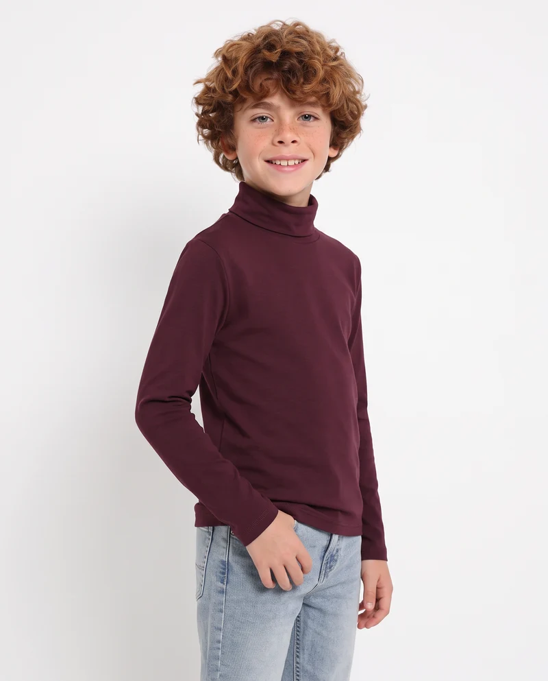 T-shirt collo alto in cotone interlock - Bordeaux