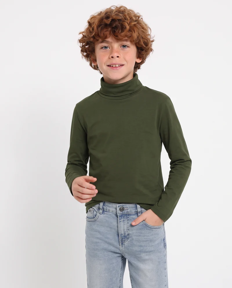 T-shirt collo alto in cotone interlock - Verde militare
