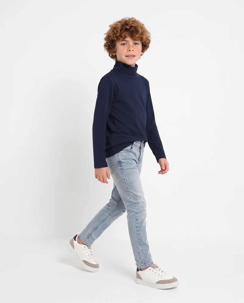 T-shirt collo alto in cotone interlock - Blu