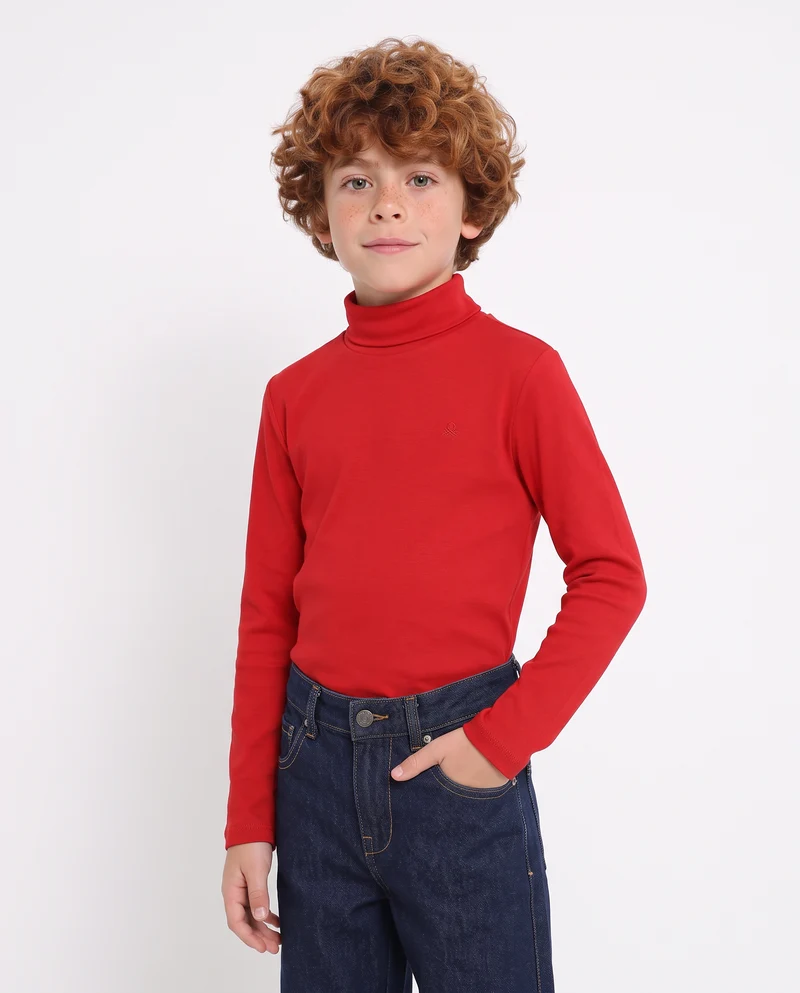 T-shirt collo alto in cotone interlock - Rosso