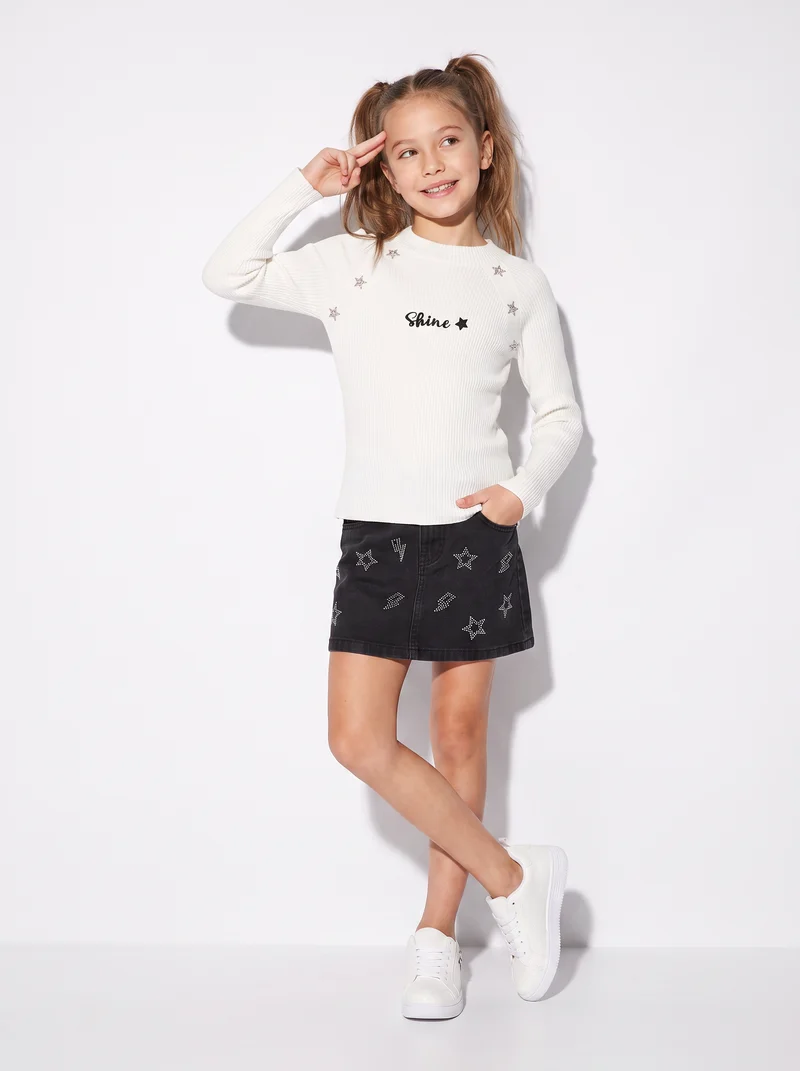 Maglia manica lunga con ricamo e bottoni - Bianco latte