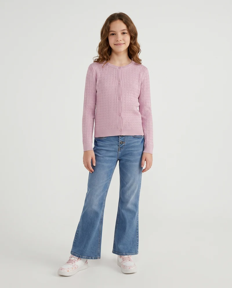 Cardigan girocollo a maniche lunghe treccia - Rosa polvere
