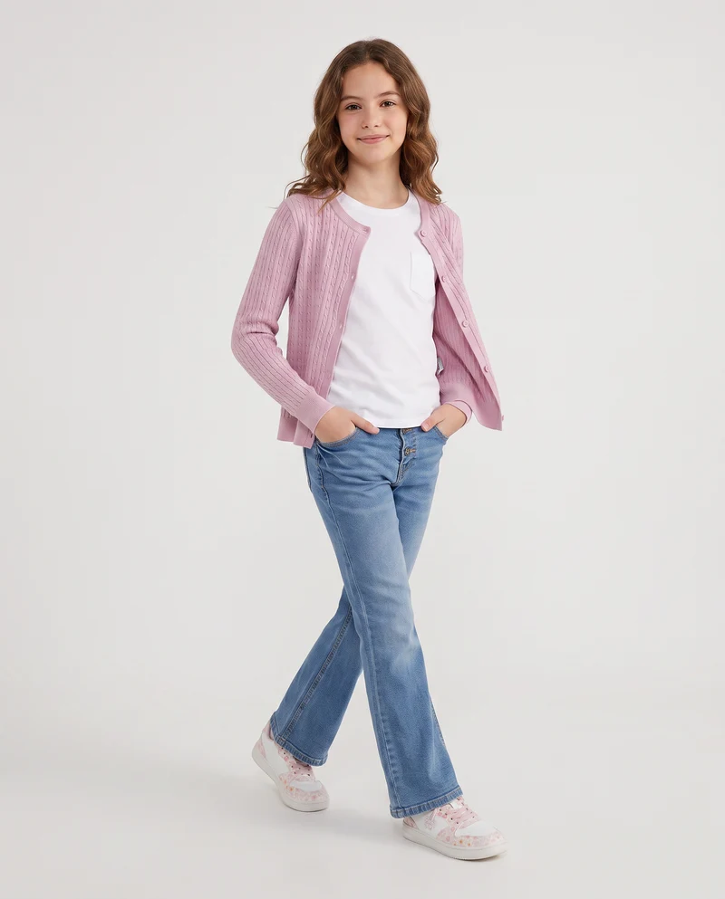 Cardigan girocollo a maniche lunghe treccia - Rosa polvere