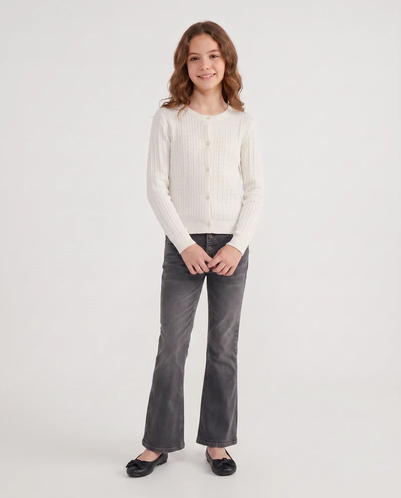 Cardigan girocollo a maniche lunghe treccia - Bianco latte
