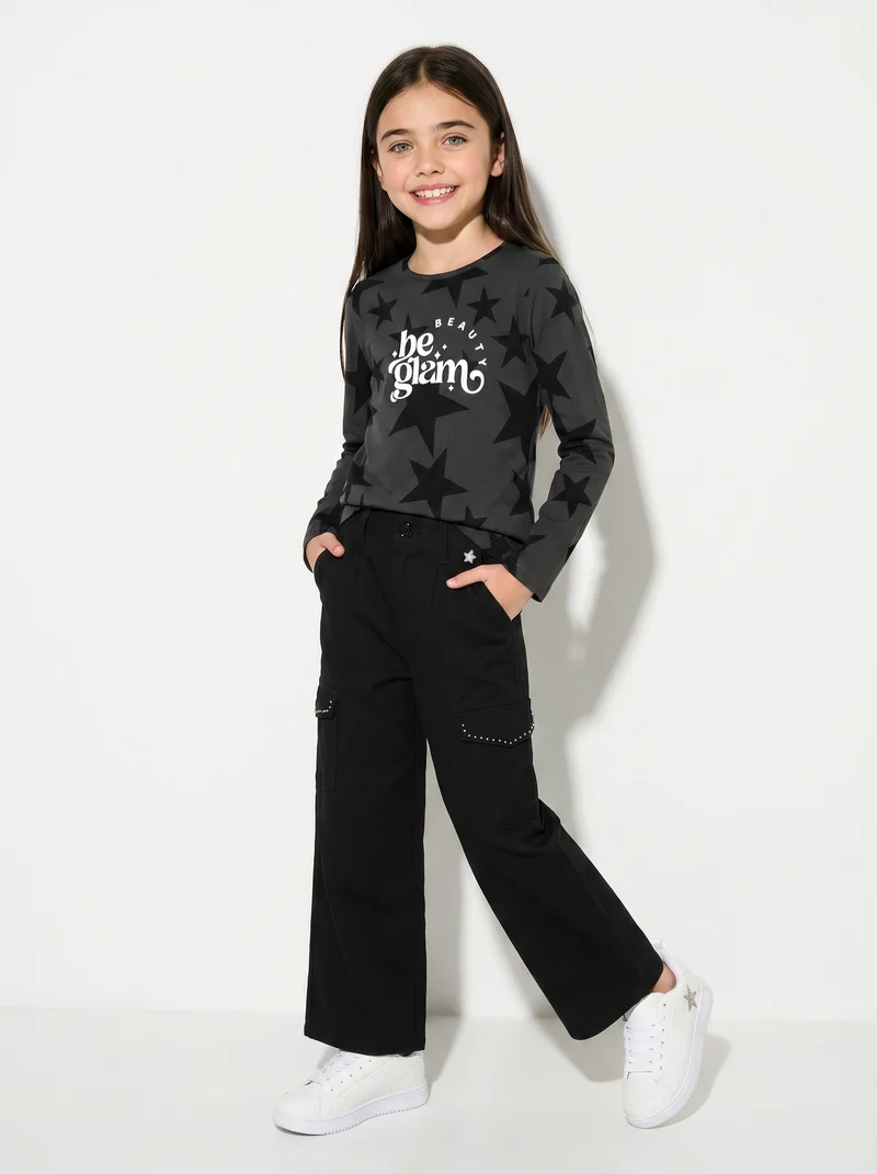 T-shirt manica lunga con stampa lucida - Grigio piombo