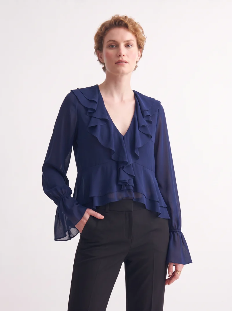 Casacca manica lunga scollo a V e volant - Blu