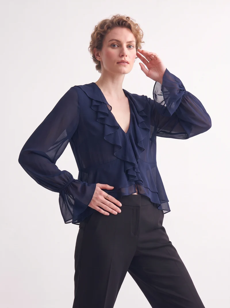 Casacca manica lunga scollo a V e volant - Blu