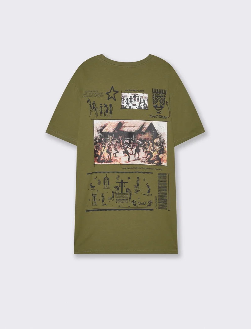 T-shirt girocollo regular fit con stampe - Verde oliva