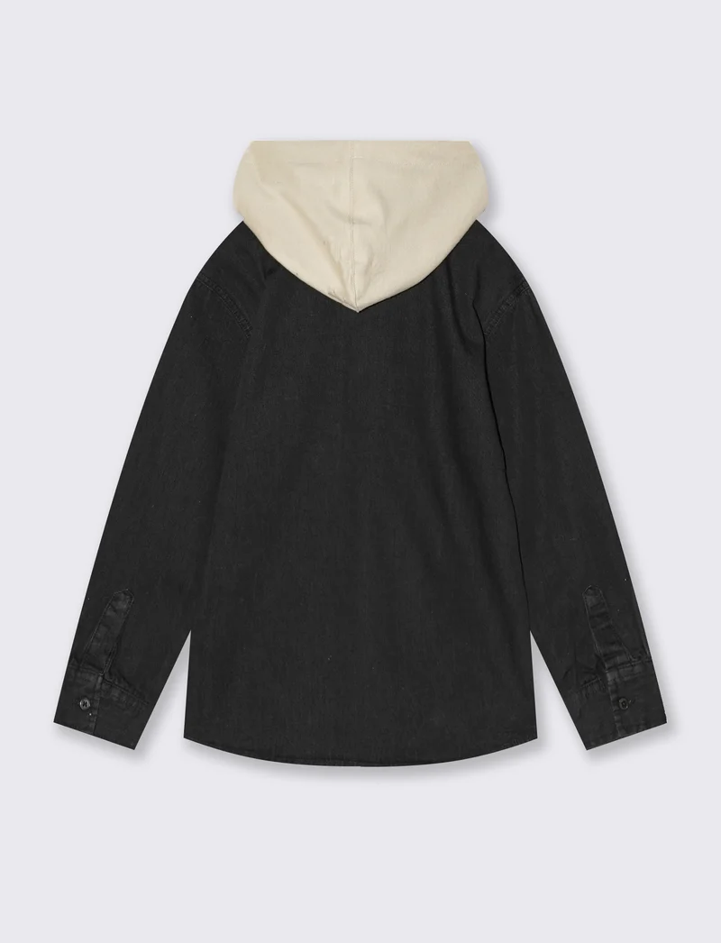 Camicia denim nera con cappuccio e tasche - Nero