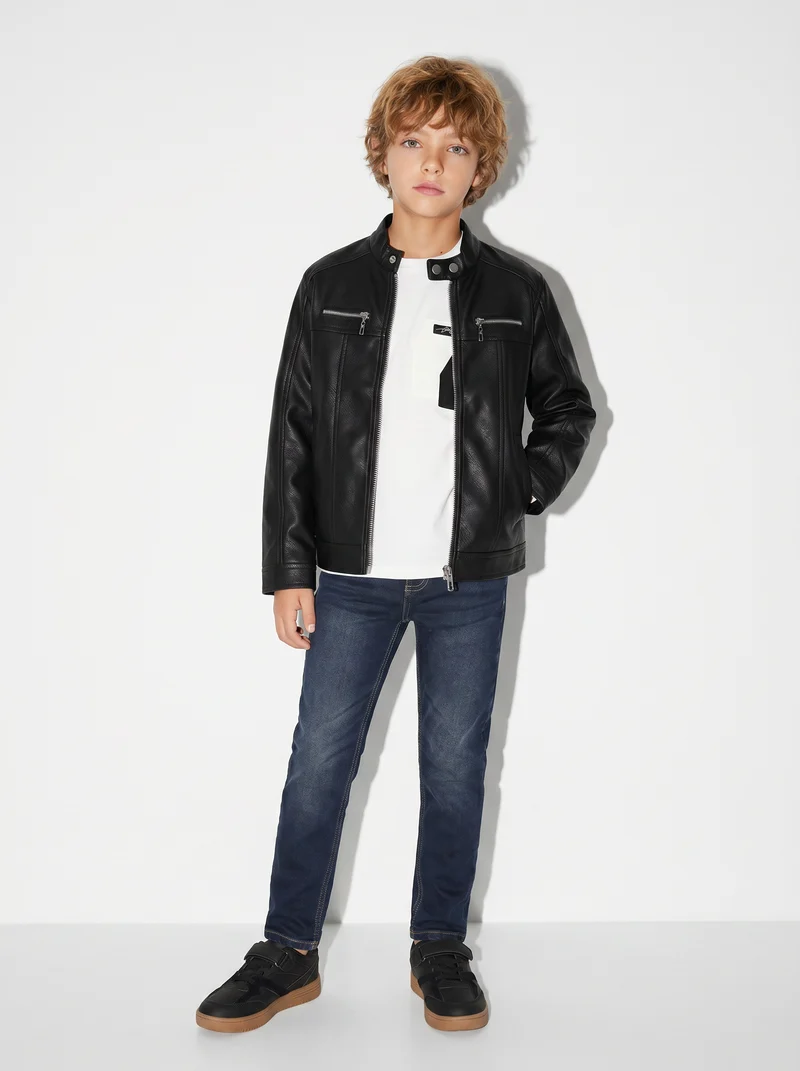 Giubbotto Biker con collo rotondo e cerniera - Nero
