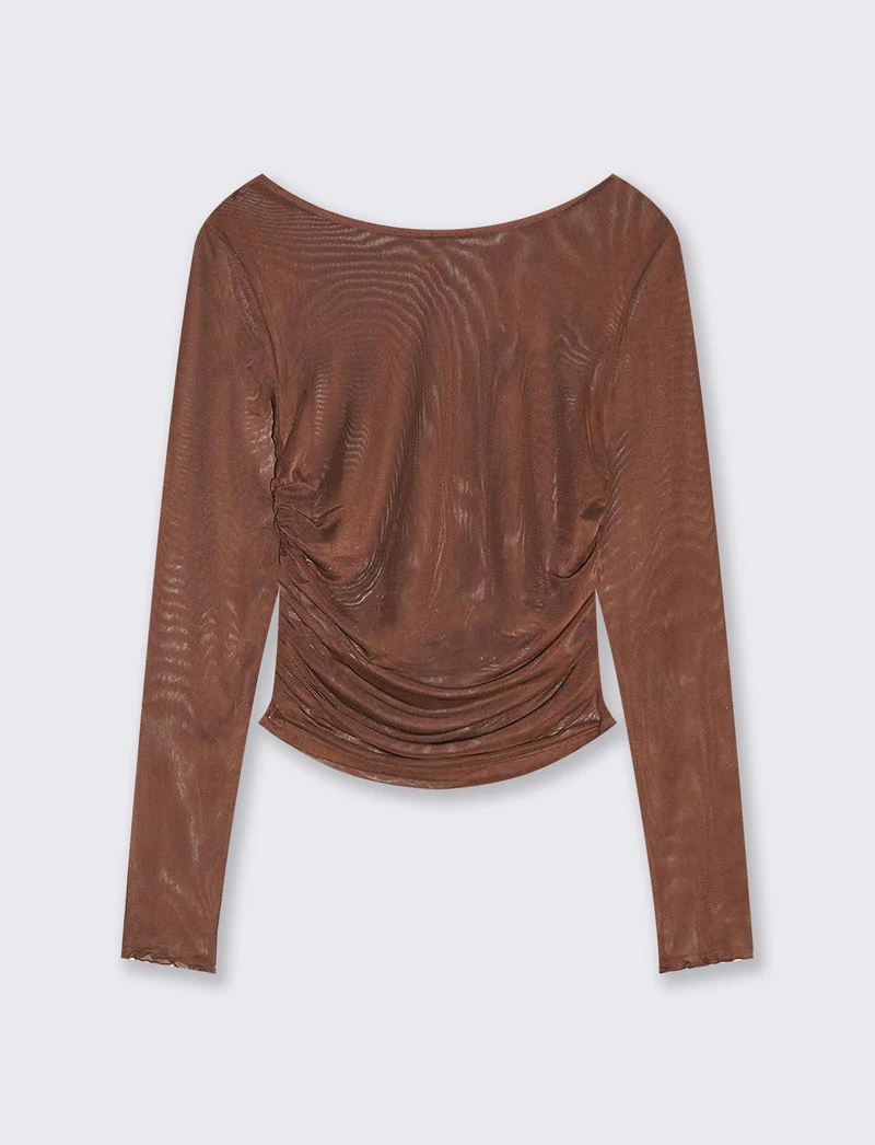 T-shirt in rete stampata con arriccio - Marrone cioccolato