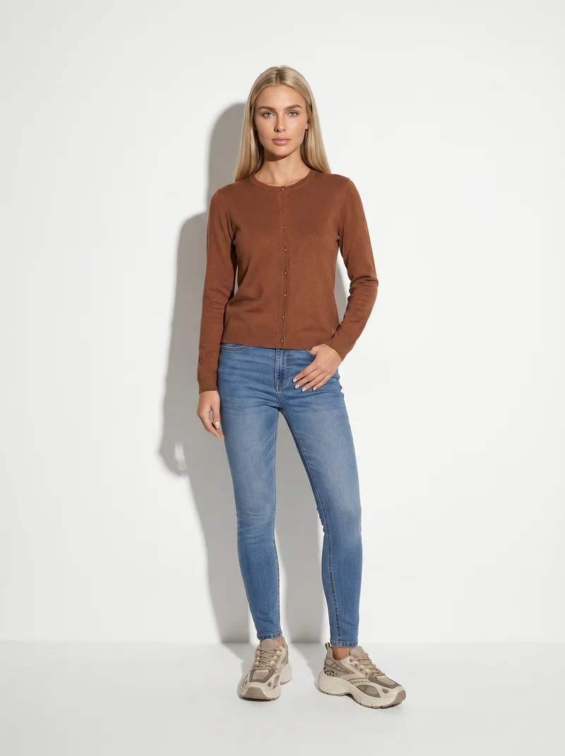 Cardigan basico girocollo con bottoni - Marrone tabacco