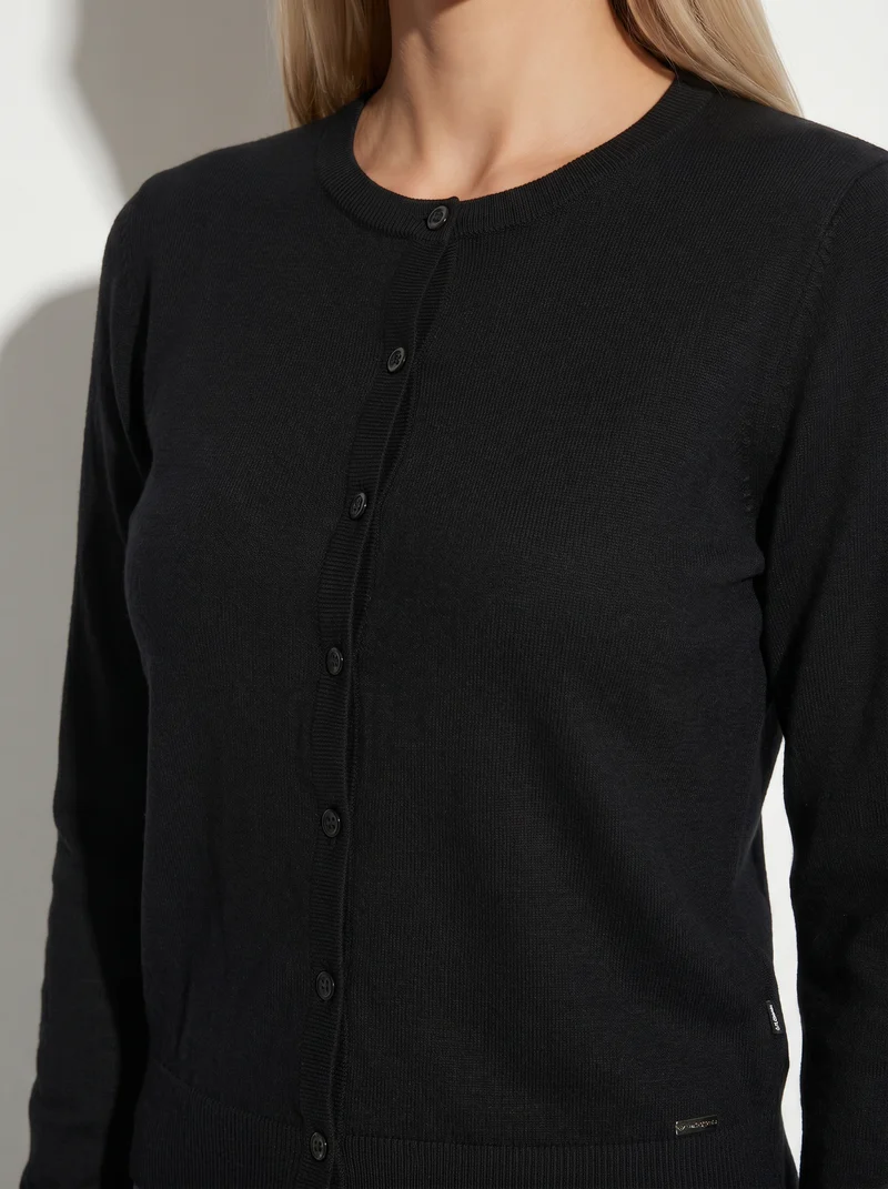 Cardigan basico girocollo con bottoni - Nero