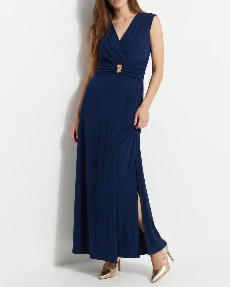 Abito lungo con spalline e arricciatura - Blu